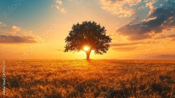 Fototapeta A majestic solitary tree silhouetted against a stunning sunset in a golden wheat field, creating a serene landscape scene.
