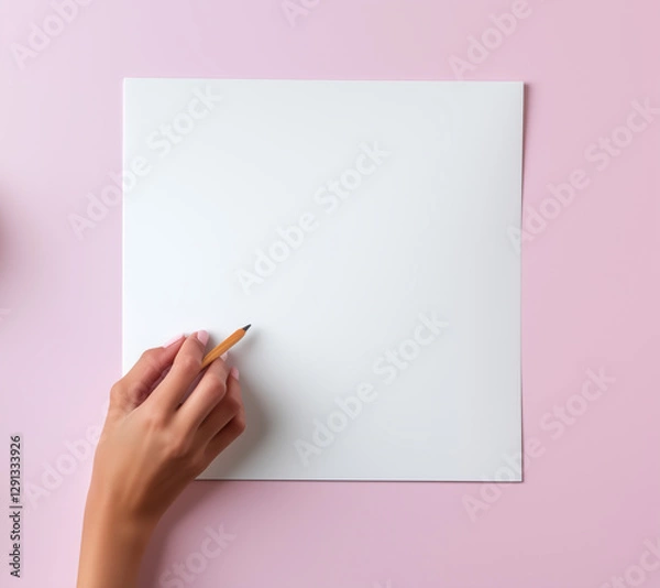 Obraz Female hand about to write on a blank sheet of paper on a pink surface in a creative workspace
