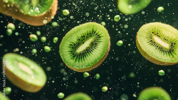 Fototapeta Vibrant background of falling sliced kiwis in dynamic green theme for fresh and energetic design