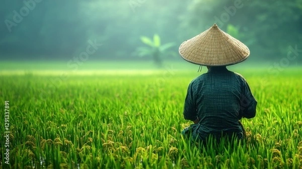 Obraz Woman relaxing in a vibrant field of green grass wearing a stylish straw hat, embracing natures beauty