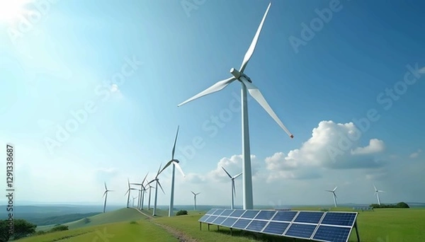 Fototapeta Potrait of wind turbines and solar panels generating clean energy on green field, wind turbines in the field, environment, wind turbines in nature
