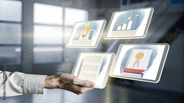 Fototapeta Hand Presenting Holographic Digital Literacy Curriculum: Key Educational Components Highlighted in a Stock Photo Concept with Empty Space for Customization