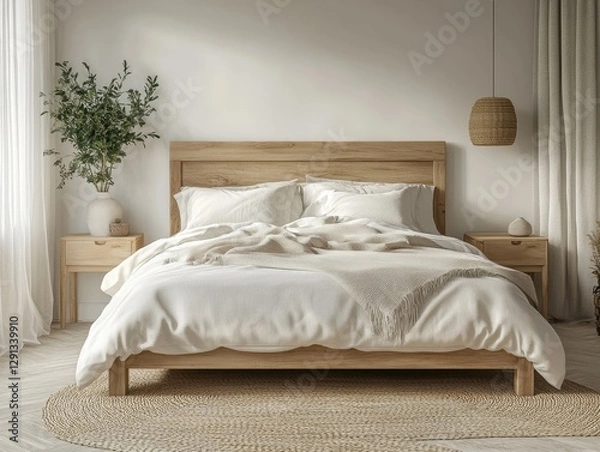 Fototapeta Cozy and inviting bed with soft white blanket and pillows in a serene bedroom setting