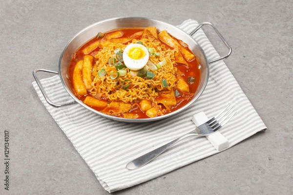 Obraz 라면과 떡, 채소, 어묵 따위를 넣고 양념을 하여 볶은 음식.
 Stir-fried food made with ramen, rice cakes, vegetables, fish cakes, etc. and seasoned.