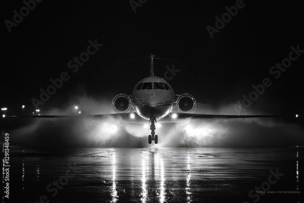 Fototapeta Majestic Aircraft Illuminated by Night Lights on Rain-Slicked Runway with Dramatic Splash Effects