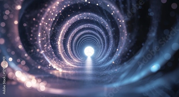Fototapeta Glowing particles form abstract circular tunnel with depth of field.