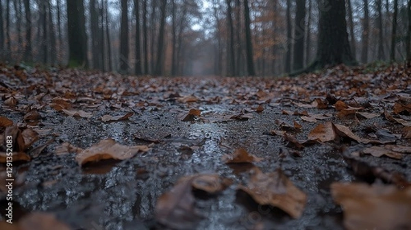 Fototapeta Autumn path through misty forest, fallen leaves, water puddles