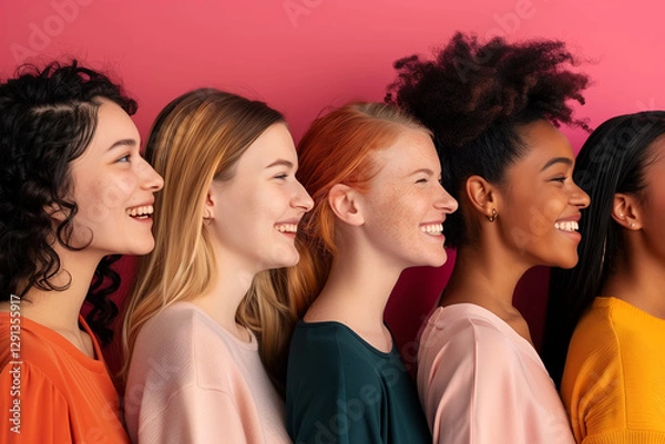 Fototapeta Several happy, beautiful girls, models of different races, different hair colors, are standing next to each other, smiling and posing, a bright background. Young women in profile. Selective sharpness