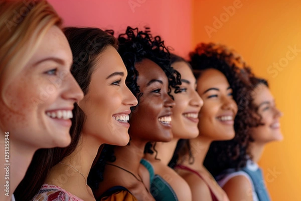 Fototapeta Several model girls of different races, different hair color, standing close to each other, smiling and posing for the camera, bright yellow background.Happy young women in profile,selective sharpness
