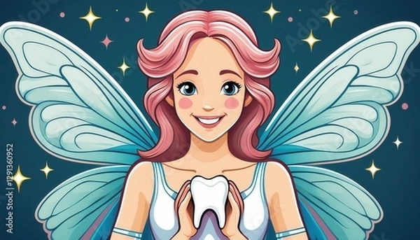 Obraz A cheerful figure with wings holds a shining tooth, encouraging children to care for their smiles.