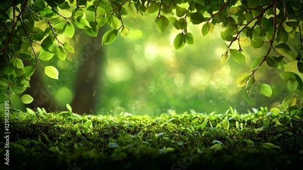 Fototapeta Lush Green Forest Landscape with Soft Sunlight and Bokeh