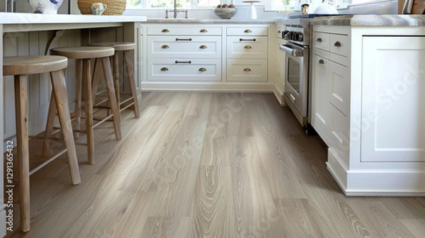 Fototapeta Modern kitchen with durable and stylish vinyl plank flooring, complementing white cabinetry and sleek countertops