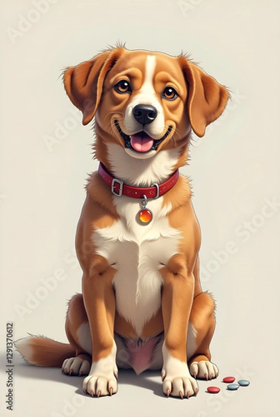 Fototapeta A cheerful cartoon dog with a bright smile sits patiently, showcasing its fluffy fur and friendly expression in a warm illustration
