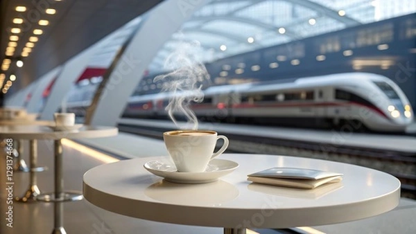 Fototapeta Enjoying hot coffee on a stylish futuristic table while observing a high-speed train at an upscale station during the morning rush