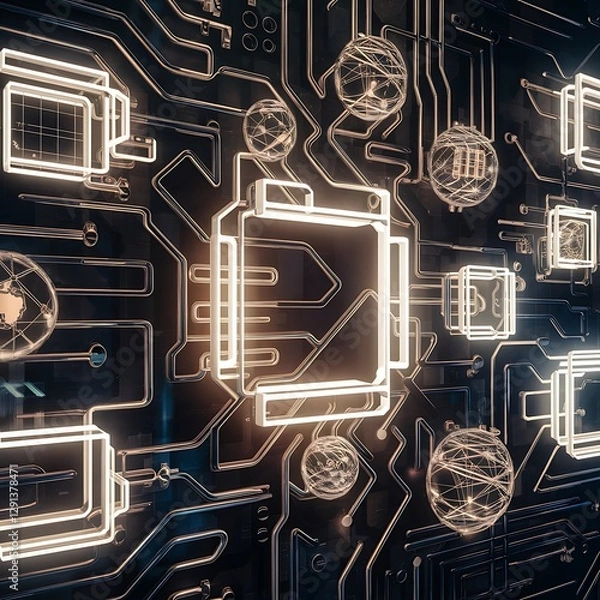 Fototapeta Background texture with glowing frames and splines for themes of science computers and technology