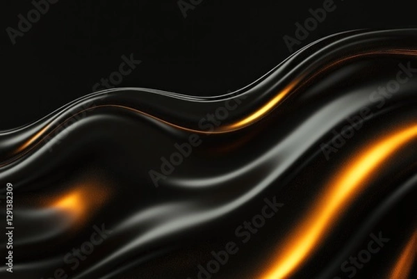 Fototapeta Flowing waves of smooth black material illuminated by glowing or