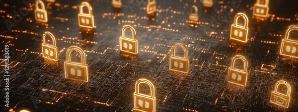 Obraz Golden Cyber Lock on a Digital Network