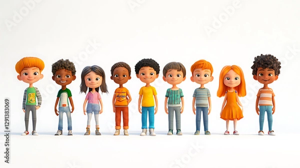 Fototapeta 3D model of diverse cartoon children, different ages (toddlers to teens), perfectly aligned in a row, facing directly at the camera, plain white background, detailed expressions, high-quality 