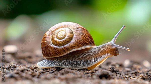 Fototapeta Detailed Close-up of a Tiny Snail Shell on Brown Soil