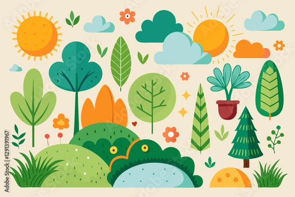 Fototapeta Set Nature flat elements for the landscape composition isolated on a black background. Vector illustration.