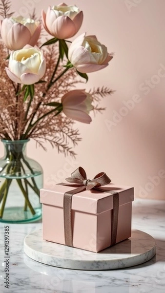 Obraz Elegant pink gift box with bow and vase of flowers on marble surface