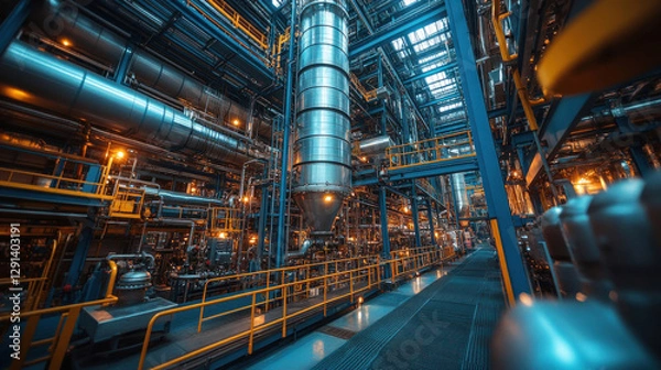Fototapeta Multi-level factory building with an intricate steel framework, massive ventilation systems, and industrial scaffolding