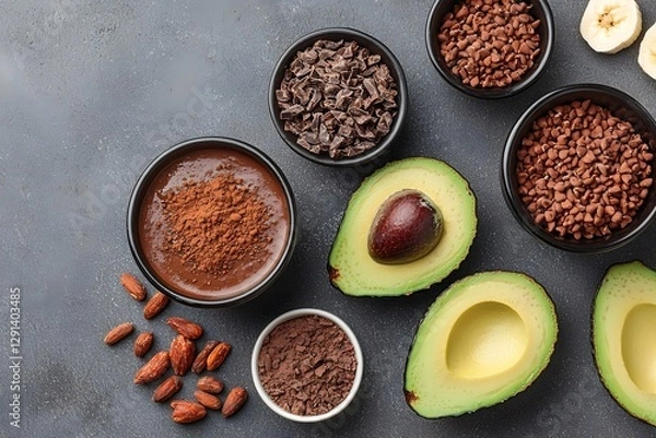 Obraz Decadent and creamy chocolate smoothie made with avocado  banana  and topped with cacao nibs for a nutritious and indulgent plant based treat on a gray background