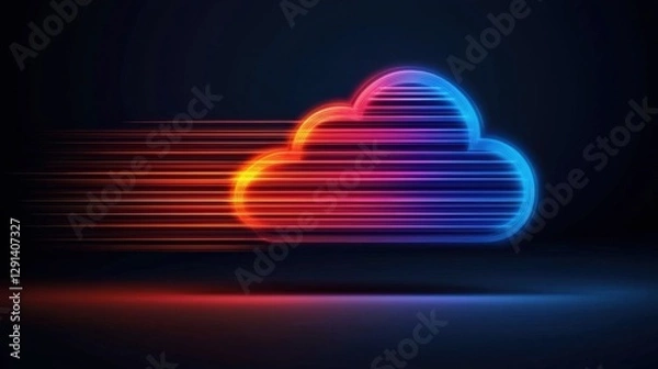 Fototapeta A vibrant, digital cloud icon with streaks of light moving swiftly, symbolizing speed and cloud technology.