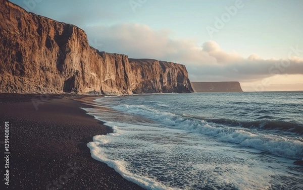Fototapeta Coastal cliffs with waves gently rolling onto the shore