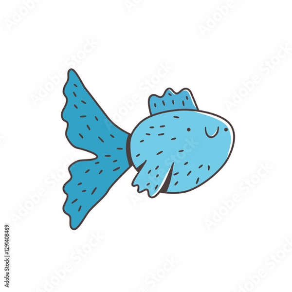 Fototapeta Cute cartoon fish with round blue body, dark wavy tail, and small smiling face. Hand-drawn vector illustration in kawaii style. Simple sea animal character with playful line details.