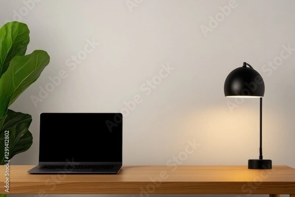 Fototapeta Minimalist workspace features sleek laptop, stylish lamp, and lu