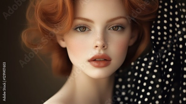 Fototapeta A captivating portrait of a red-haired woman with striking features and soft makeup, exuding confidence and beauty, showcasing the artistry of modern photography.
