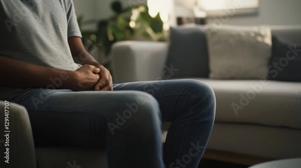 Fototapeta Abdominal pain from bloating, a person seated in a modern living room holding their stomach. Featuring discomfort and bloating relief methods
