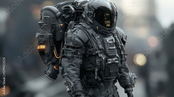 Fototapeta Futuristic Astronaut in Dark Grey Spacesuit Amidst a Blurred City Background