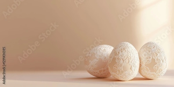 Fototapeta 3d background minimalistic mockup with space for text, delicate lace-patterned Easter eggs on a soft beige background