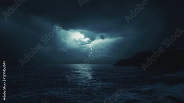 Obraz Lightning Strikes Over Ocean Water During A Dramatic Thunderstorm