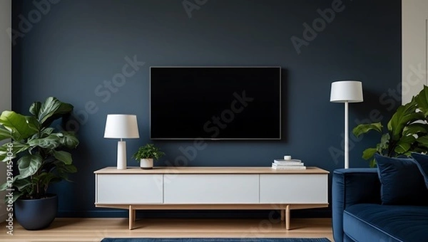 Fototapeta Modern Minimalist Living Room with Dark Blue Accent Wall & Sleek Décor