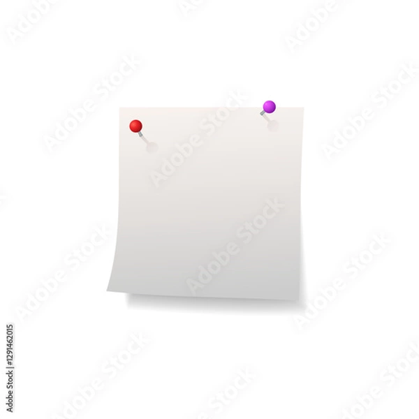 Fototapeta Illustration of blank white paper sticker with pins, shadow and curved ends.