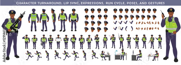 Fototapeta 
Police Officer Character Design Model Sheet. Man, Character design. Front, side, back view and explainer animation poses. Character set with lip sync and Walk cycle animation sequences.

