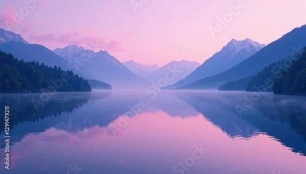 Fototapeta Soft purple and blue hues fade into pink mist on a tranquil mountain lake, soothing, calm