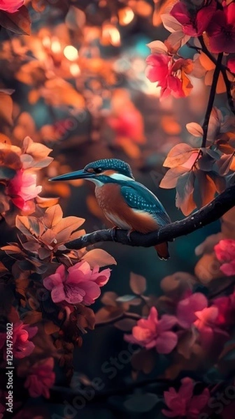 Obraz Kingfisher bird sitting on a tree branch in deep forest