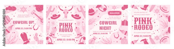 Fototapeta Pink Wild West Party Social Media Post Template, Square Cowgirl-Themed Design with Boots, Hats, Cacti, and Rodeo Elements, Ideal for Events, Invitations, and Online Promotions