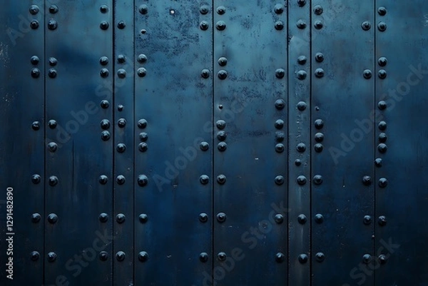 Fototapeta A close-up of a dark blue metal wall with perforations, showcasing a grunge texture. The industrial-style design features dark blue and black tones, creating a minimalistic, concrete-like background.