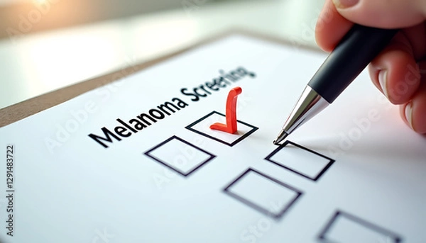 Fototapeta Close-up of a melanoma screening checklist with a pen marking a tick under soft natural light