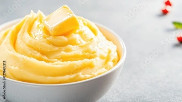 Fototapeta Creamy Mashed Potatoes Topped with Butter in a White Bowl