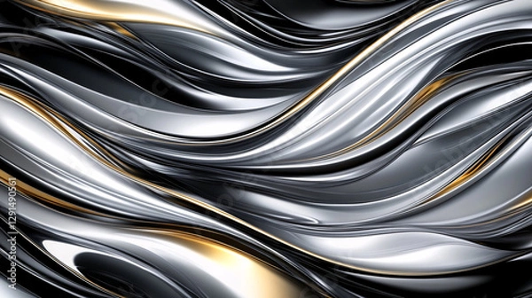 Fototapeta Sleek abstract 3D render featuring flowing metallic waves in silver, black, and gold tones, creating modern and dynamic background design