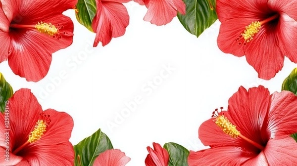 Fototapeta Red Hibiscus Flower Frame on White Background