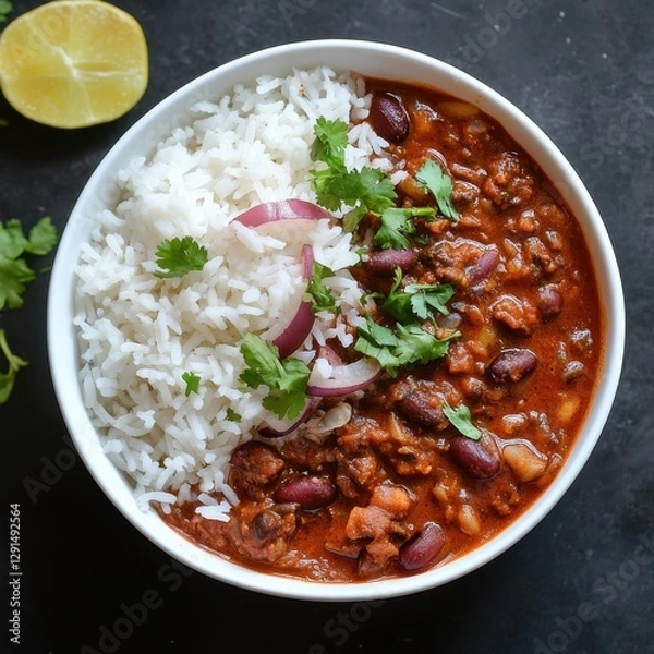 Fototapeta Simple top view shot of Rajma and rice dish