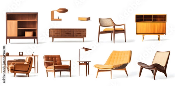 Fototapeta Set of trendy sofas, armchairs, with cushions in retro mid-century style. Modern soft furniture collection