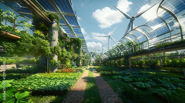 Fototapeta A futuristic eco-friendly landscape showcasing green technology innovations. A smart solar-powered greenhouse with automated irrigation, 